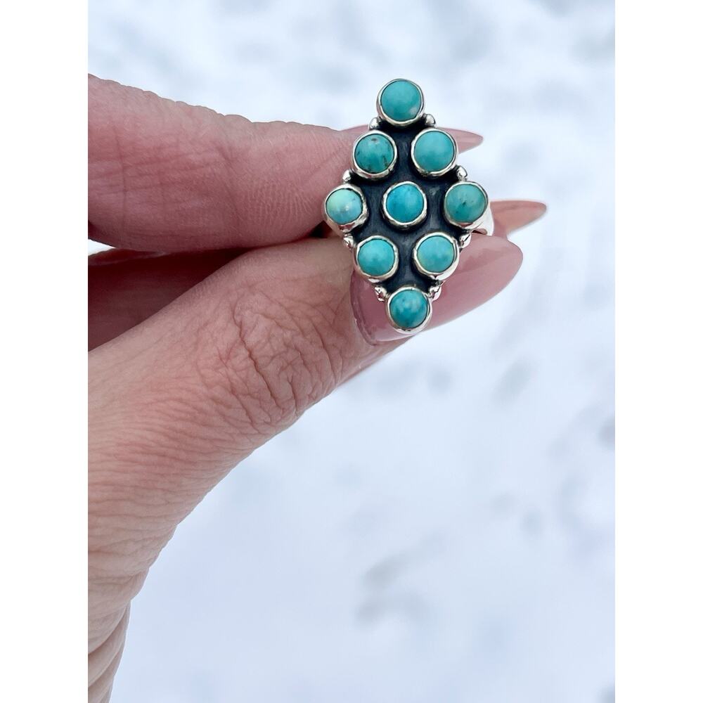 Native Style Turquoise Cluster Ring Sterling Silv… - image 3
